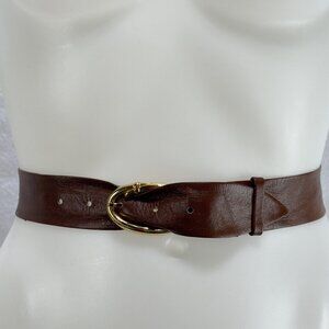 Vintage Brown Leather Belt Gold Oval Buckle Adjustable Fit
